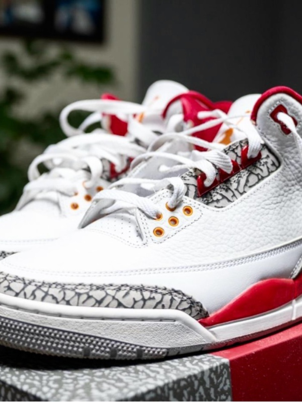 Jordan 3s Cardinals White and Red Retro Athletic Sneakers with Elephant Print
